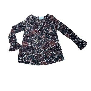 90s Vintage Bundle of Joy Black Red Floral Mesh Flared Sleeve Top Womens L Large